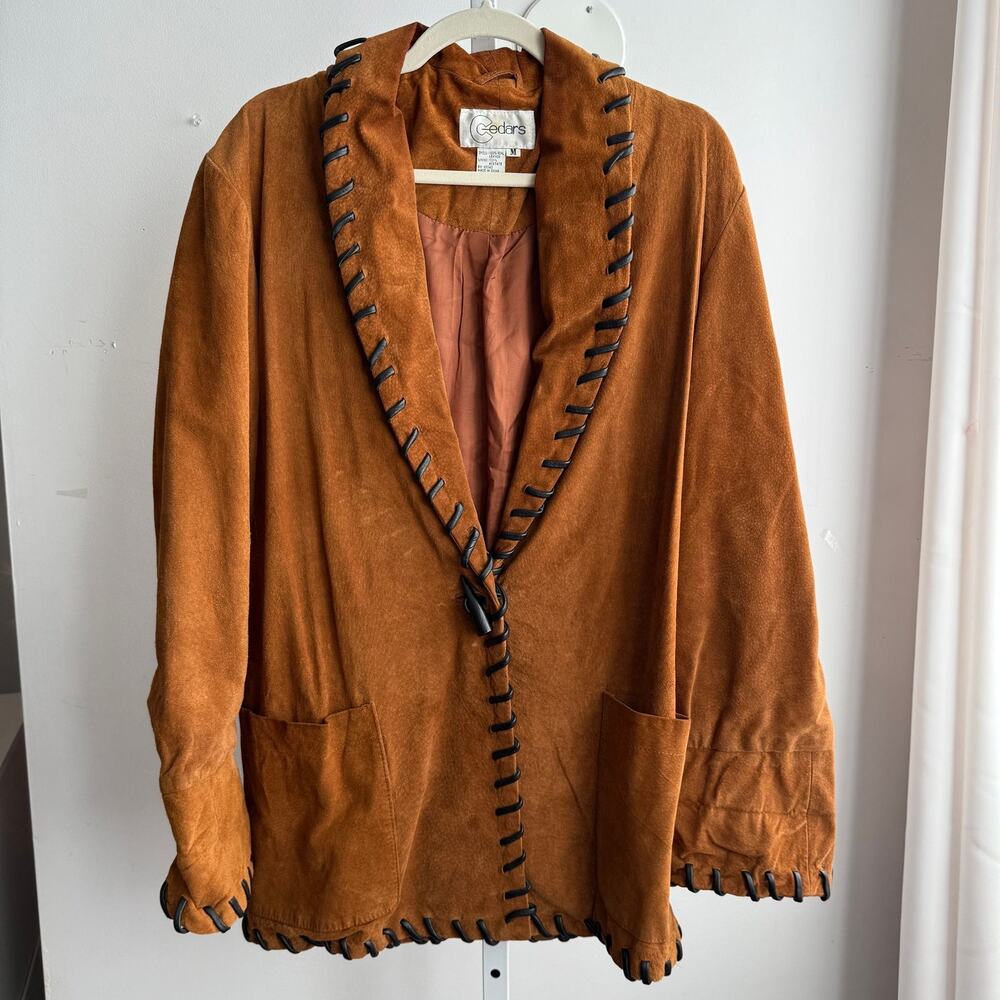 Vintage Cedars Brown Suede Leather Jacket with Black Whipstitch Size M